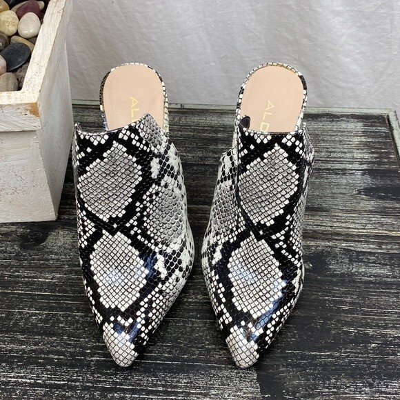 Aldo Ivory & Gray Snake Python Print Block Heel Slide Booties 6 - Picture 2 of 6
